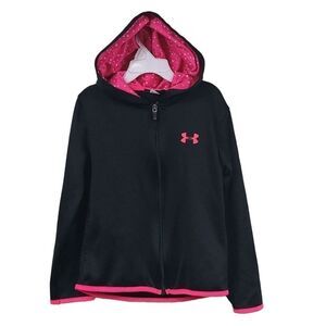 Under Armour Girls 6X Black Zip Up Sweatshirt Hoodie Pink Dot Soft Shell Jacket